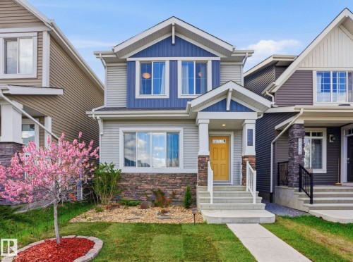 Two-story home with a blue and light gray exterior, stone facade accents, a bright yellow front door, white porch pillars, and a mature flowering tree in the front yard - 2116 159 Street, Edmonton, AB - Outdoor With Facade