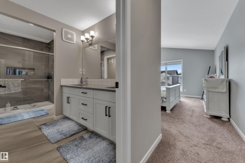This property features a bathroom with a dual vanity, a glass-enclosed shower with tile surround, and a bedroom with neutral-toned carpeting - 21853 98A Avenue, Edmonton, AB - Indoor Photo Showing Bathroom