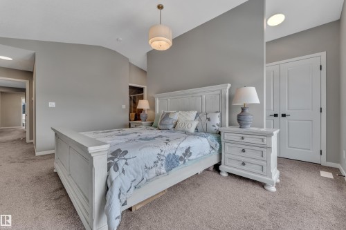 This spacious room features neutral-toned carpeting, light gray walls, and a contemporary ceiling fixture - 21853 98A Avenue, Edmonton, AB - Indoor Photo Showing Bedroom