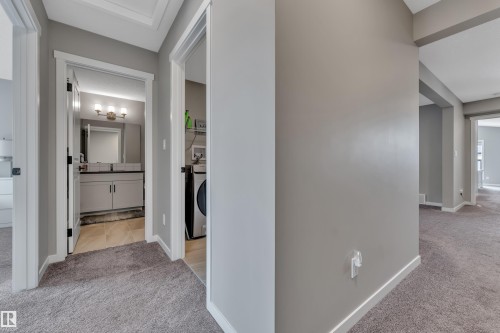 The property features a hallway with gray carpet and light gray walls, leading to rooms with matching neutral tones - 21853 98A Avenue, Edmonton, AB - Indoor Photo Showing Other Room