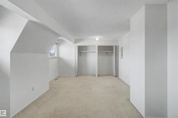 Carpeted room featuring white walls, a single window, and two integrated closet spaces with bi-fold doors - 