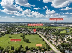 Aerial perspective highlighting proximity to Greenview Park, Mill Woods Golf Course, and the Downtown Edmonton skyline - 