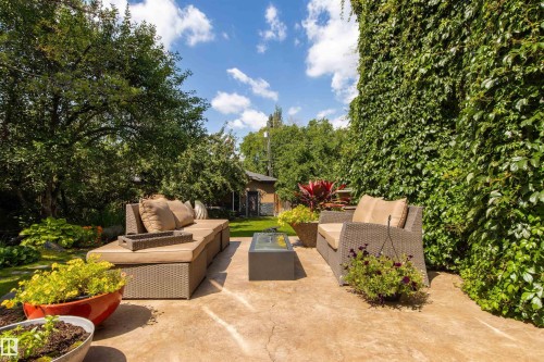 Expansive patio area featuring a textured concrete surface and lush perimeter landscaping - 9010 120 Street, Edmonton, AB - Outdoor