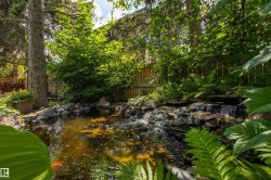 Water feature with a rock waterfall and surrounding foliage - 