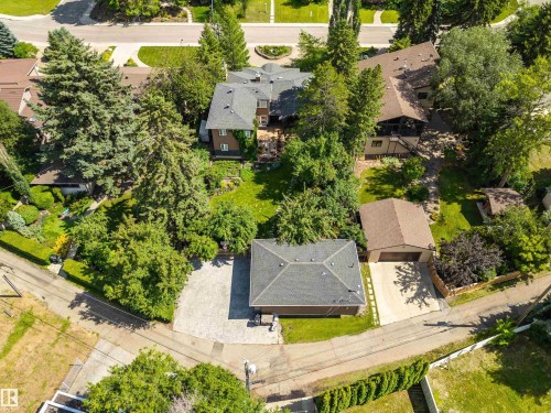 Expansive property featuring a multi-level residence with a brown shingle roof, surrounded by mature trees and manicured landscaping - 9010 120 Street, Edmonton, AB - Outdoor