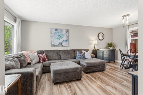 Open-concept living area featuring wood-finish flooring, light gray wall paint, and a large window with outdoor greenery - 111 Grosvenor Boulevard, St. Albert, AB - Indoor Photo Showing Living Room