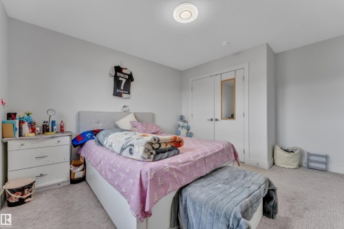 Carpeted room featuring light gray walls, a built-in closet with white bifold doors, and a flush-mount ceiling light fixture - 1827 22 Street Nw, Edmonton, AB - Indoor Photo Showing Bedroom