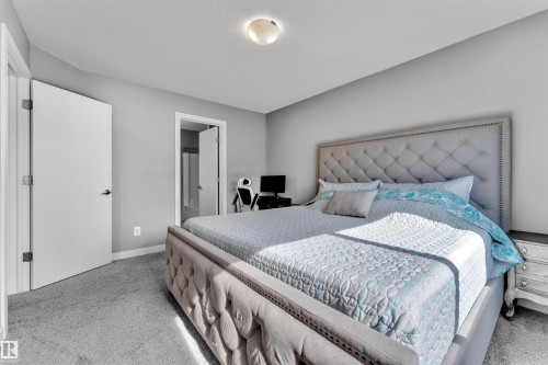 Bedroom featuring light gray walls, gray carpet flooring, and a ceiling light fixture - 8108 217 Street, Edmonton, AB - Indoor Photo Showing Bedroom