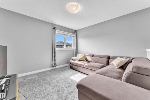 This living area features light grey walls, a window with dark patterned curtains, and a ceiling light fixture - 8108 217 Street, Edmonton, AB - Indoor