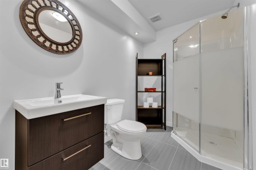 The bathroom features a corner shower with a frosted glass enclosure, a vanity with a white ceramic sink and two drawers, and a decorative mirror - 8108 217 Street, Edmonton, AB - Indoor Photo Showing Bathroom