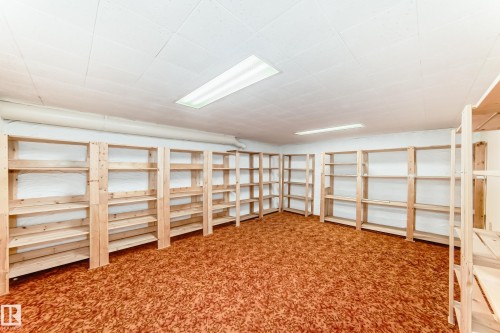 Room featuring extensive built-in blonde wood shelving, textured orange carpet, and a white acoustical tile ceiling with fluorescent lighting - 14123 96 Street, Edmonton, AB 