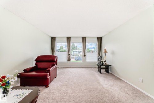 Bright interior space featuring light-toned walls, neutral carpeting, and a series of three windows - 14123 96 Street, Edmonton, AB 