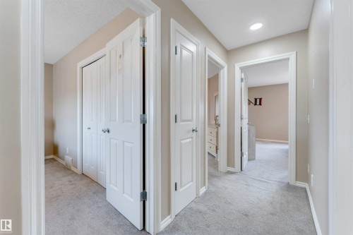 Hallway featuring light beige wall paint, white trim, and light gray carpeting - 121 64 Street, Edmonton, AB - Indoor Photo Showing Other Room