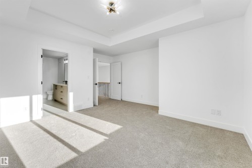 Spacious room featuring carpeting, white walls, and a tray ceiling with a light fixture - 4102 67 Street, Beaumont, AB - Indoor Photo Showing Other Room