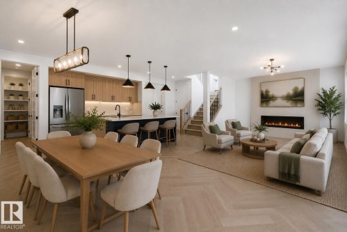 Open-concept living space with light wood-finish herringbone flooring - 17108 2 Street, Edmonton, AB - Indoor Photo Showing Dining Room