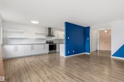 Open-concept living space featuring wood-finish flooring, a kitchen with white cabinetry and stainless steel appliances, and a distinctive blue accent wall - 