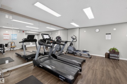Fitness center featuring multiple treadmills, an elliptical machine, wood-finish flooring, full-wall mirrors, and recessed overhead lighting - 215 6084 Stanton Drive, Edmonton, AB - Indoor Photo Showing Gym Room