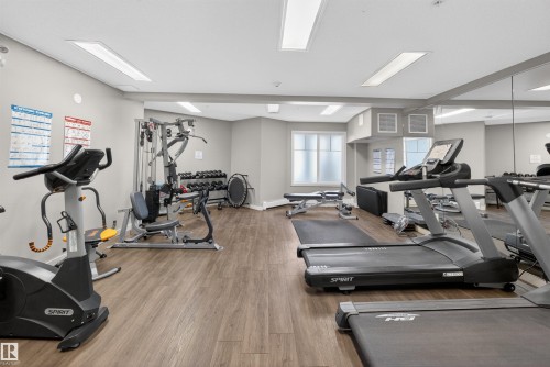 Dedicated fitness center featuring wood-finish flooring, full-wall mirrors, and ample overhead lighting - 215 6084 Stanton Drive, Edmonton, AB - Indoor Photo Showing Gym Room