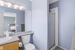 Bathroom featuring a shower stall with frosted glass, a single vanity with an integrated sink, a toilet, and a large wall-mounted mirror - 