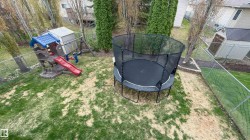 Expansive backyard featuring a chain-link fence, mature trees, and a storage shed - 