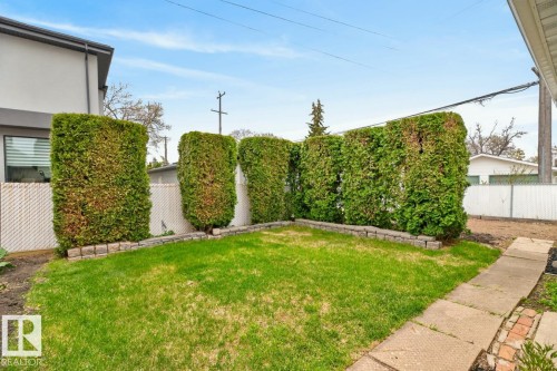 Expansive lawn area featuring manicured hedges and a decorative block border - 8911 84 Avenue, Edmonton, AB - Outdoor
