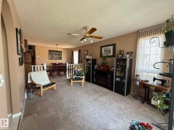 Carpeted living area featuring neutral-toned walls, a ceiling fan with light fixture, and a large window with vertical blinds - 