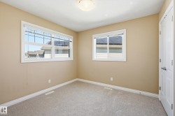 Neutral-toned room featuring a light-colored carpet, two windows with white trim, and a ceiling-mounted light fixture - 