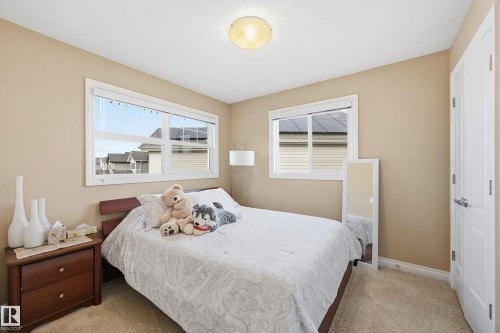 Carpeted room featuring two windows with white trim, a flush-mount ceiling light fixture, and a solid white door with a chrome handle - 1590 Chapman Way, Edmonton, AB 