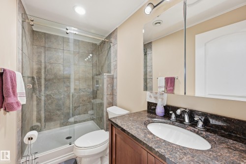 Full bathroom featuring a glass-enclosed shower with tile surround, a built-in shower niche, and a vanity with an oval undermount sink and a stone-finish countertop - 1590 Chapman Way, Edmonton, AB 