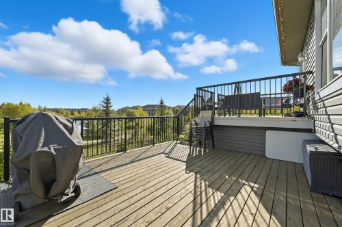 Multi-level wood deck featuring black metal railings and a distant treed landscape - 1590 Chapman Way, Edmonton, AB 