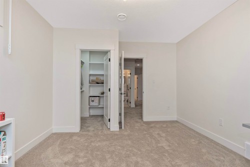 Carpeted interior space featuring a built-in closet with shelving, white trim, and a flush-mount ceiling light fixture - 627 Forest Lane, Edmonton, AB - Indoor Photo Showing Other Room