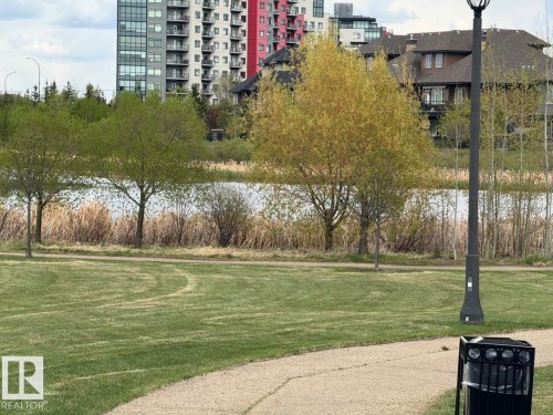 Manicured green space with a winding pathway, water feature, and mature trees - 228 308 Ambleside Link Sw, Edmonton, AB - Outdoor With View