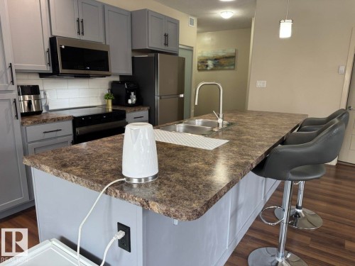 Contemporary kitchen featuring grey cabinetry, stainless steel appliances, and wood-finish flooring - 228 308 Ambleside Link Sw, Edmonton, AB - Indoor Photo Showing Kitchen With Double Sink