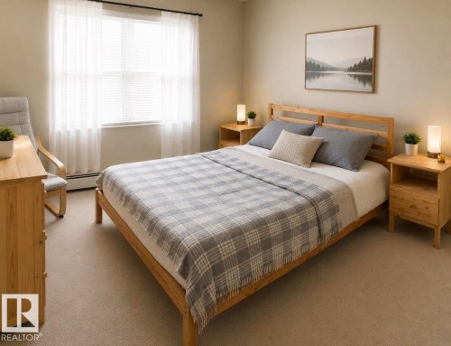 Bedroom featuring a large window with blinds, neutral wall paint, and plush carpet flooring - 228 308 Ambleside Link Sw, Edmonton, AB - Indoor Photo Showing Bedroom