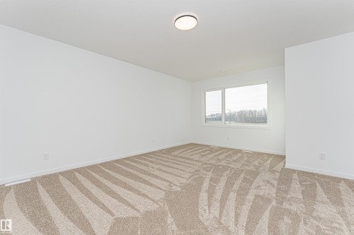 This room features neutral-toned patterned carpeting, a large window providing natural light, and a ceiling-mounted light fixture - 2355 Egret Way, Edmonton, AB - Indoor Photo Showing Other Room
