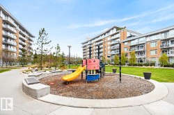 Central playground featuring a yellow slide and climbing structure, surrounded by a concrete border and wood chip ground cover - 