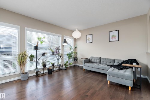 Bright living area featuring wood-finish flooring, light neutral wall tones, and multiple large windows with horizontal blinds - 2007 74 Street, Edmonton, AB - Indoor Photo Showing Living Room