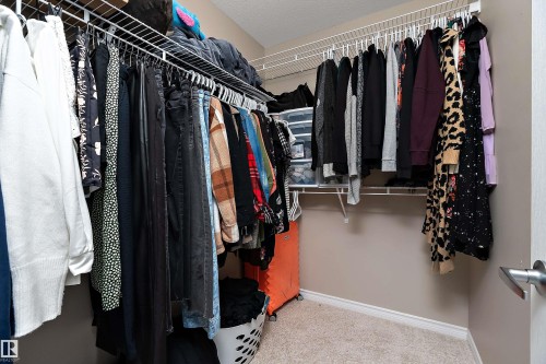 Walk-in closet featuring carpet flooring, painted walls, and an integrated wire shelving system with multiple hanging rods - 2007 74 Street, Edmonton, AB - Indoor With Storage