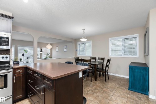 Kitchen featuring stainless steel appliances, dark wood cabinetry, a large center island, and tile flooring - 2007 74 Street, Edmonton, AB - Indoor