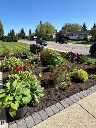 Landscaped garden bed featuring various plantings, decorative stone, and a brick paver border - 13504 116 St Nw, Edmonton, AB - Outdoor