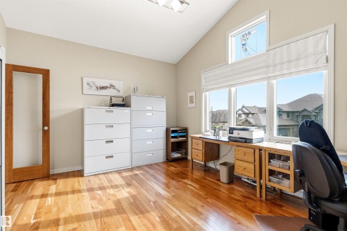 Vaulted ceiling with a large window array, including a transom window with decorative glasswork - 1728 Rutherford Pt Point(E) Sw, Edmonton, AB - Indoor