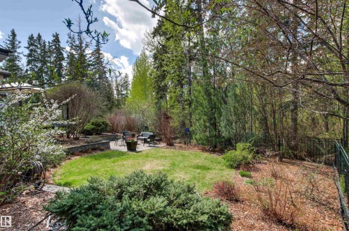 Expansive backyard featuring a circular lawn, paved patio area, and varied mature landscaping including evergreens and flowering shrubs - 1728 Rutherford Pt Point(E) Sw, Edmonton, AB - Outdoor