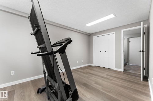 The room features light gray walls, a white ceiling with a rectangular overhead light fixture, and light-colored wood-style flooring - 10673 161 Avenue, Edmonton, AB - Indoor Photo Showing Gym Room