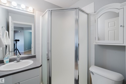 Enclosed shower with frosted glass panels and chrome trim - 508 11103 84 Avenue, Edmonton, AB - Indoor Photo Showing Bathroom