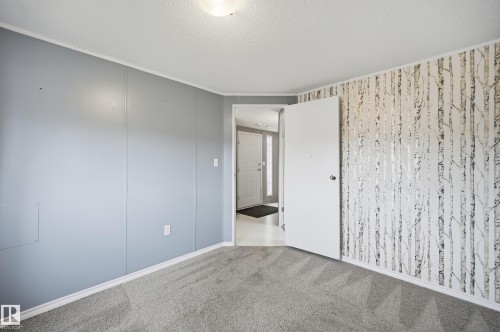 Room featuring gray wall paneling, a patterned accent wall, gray carpet flooring, white trim, and a white interior door - 106 Springfield Crescent, Spruce Grove, AB - Indoor Photo Showing Other Room