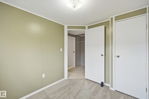 Carpeted room featuring light green walls, white trim, and a white ceiling with a flush-mount light fixture - 106 Springfield Crescent, Spruce Grove, AB - Indoor Photo Showing Other Room