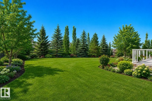 Expansive lawn framed by mature evergreen and deciduous trees - 58 Riverstone Close, Rural Sturgeon County, AB - Outdoor