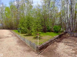 Landscaped gravel area featuring a wood retaining wall and mature trees - 