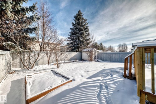 Expansive backyard featuring a privacy fence, mature evergreen trees, a built-in storage shed, and a raised garden bed - 19024 50 Avenue, Edmonton, AB - Outdoor
