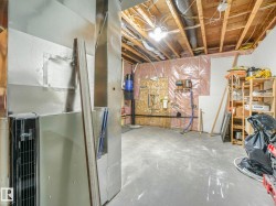 Unfinished lower level featuring exposed ceiling joists, concrete flooring, and visible utility infrastructure, including insulated walls and exposed ductwork - 